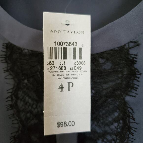 New with Tags Ann Taylor Button Up Shirt Blue with Black Lace Detail 4 Petite - Picture 7 of 10